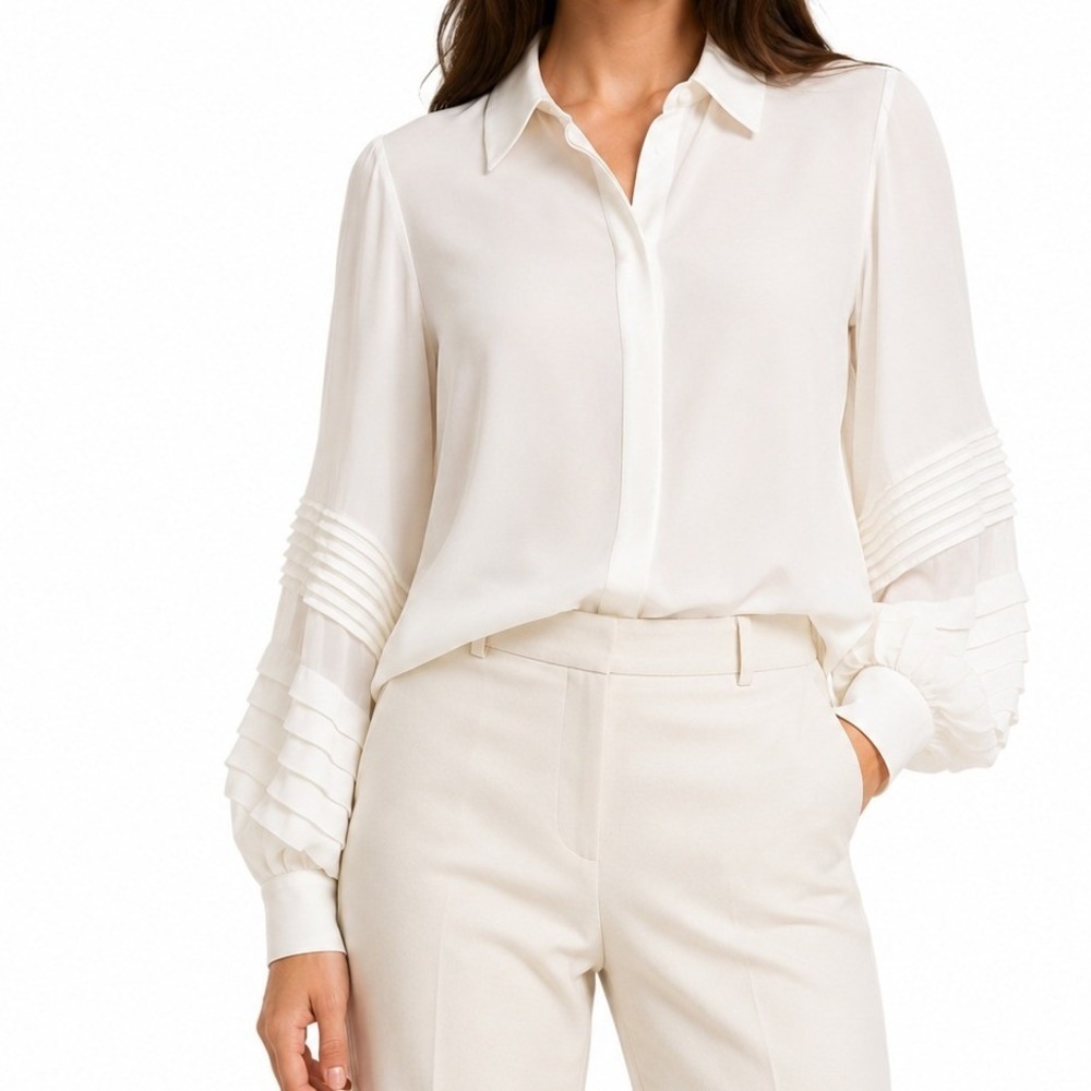 Louis Vuitton Uniform Blouse Womens XS White Pleated Balloon Poet Sleeve Chiffon